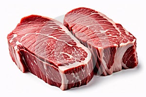 Two raw beef steaks, close-up on white background