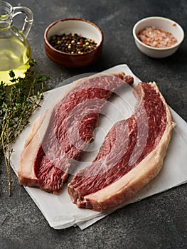 Two Raw cap rump steak or top sirloin beef meat steak. Picanha steak with spices