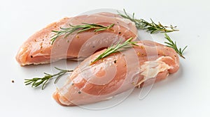 Two raw chicken breast on white backdrop