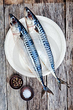 Two raw fresh mackerel fishes on a plate with salt and pepper