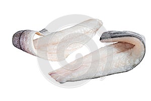 Two raw haddock fish fillets on kitchen table. Isolated on white background