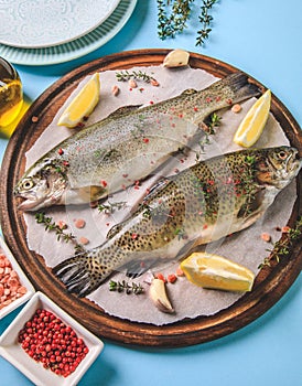 Two raw rainbow trouts on paper with thyme and lemon. Fish trout. Top view. Free space for your text