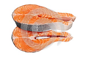 Two raw salmon fish steaks, isolated on white.