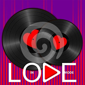 Two Realistic Black Vinyl Records with red heart labels, lettering In love mode and play button on purple sound wave