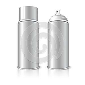 Two realistic, blank vector aerosol spray metal 3D bottle cans - opened and with cap