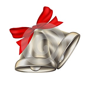 Two realistic silver bells with red ribbon