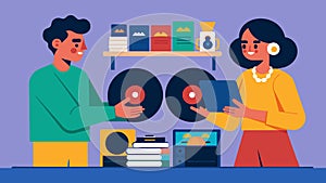 Two record store owners exchange vinyl records from their respective cultures adding new genres and sounds to their photo