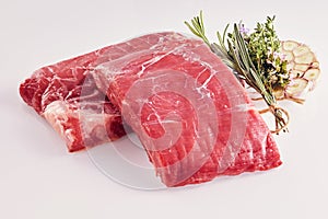 Two rectangular portions of raw lean flank steak photo