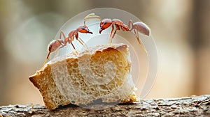 Two ants carrying a piece of bread, closeup macro shot, teamwork, food concept