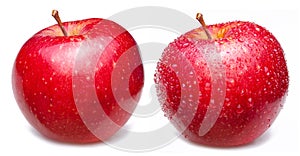 Two red apple, one covered with water drops on white background
