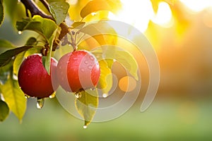 Two red apples with droplets dangle from branch in blurred fertile farm orchard at sunrise. Generative AI.