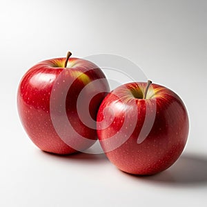 Two red apples are positioned side by side on a white background