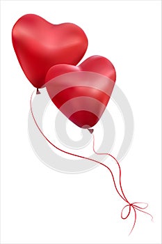 Two red balloons in the form of hearts fly embracing, tied with ropes. Two hearts isolated on background.