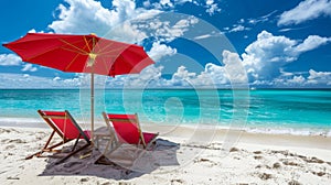 Two red beach chairs and an umbrella on the beach on sunny day. Vacation and tourism concept.