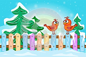 Two red birds sitting on fence. Cartoon winter landscape with red bird on fence, snow and fir trees.