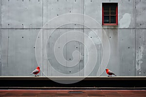 two red birds sitting on a ledge in front of a building