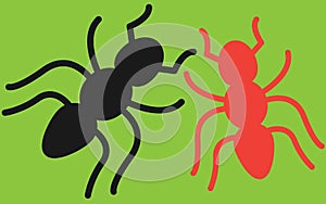 Two red and black ants outline shape silhouette olive green backdrop