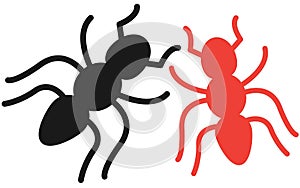 Two red and black ants outline shape silhouette white backdrop