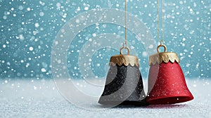 Two red and black bells hanging from a string