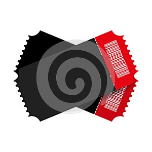 Two red and black empty cinema tickets with barcode. Admission tear off tickets. Vector illustration