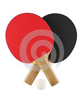 Two red and black table tennis or ping pong paddles or rackets with white table tennis ball crossed floating isolated on white