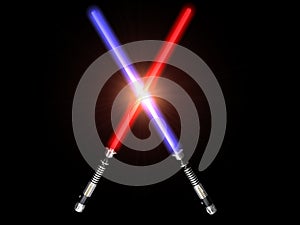 Two red and blue 3d light future swords fight hit and glow