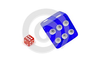 Two dice of red and blue glass isolated on white. Blue flies on top of the red dice below with a score of six.