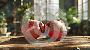 Two red boxing gloves on a table