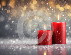 Two red candles in romantic defocused lights background