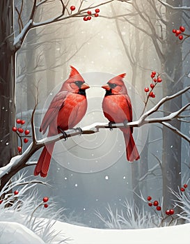 Two red cardinal birds on a branch in winter forest
