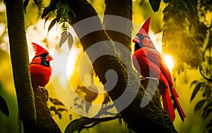 Two red cardinal birds sitting on a tree in the jungle. Generative Al Illustration