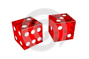 Two red casino plastic dice with white dots on white background