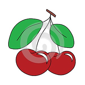 Two red cherries outlined in dark outline hand drawing clip art. Paired cherries, two green leaves and a branch of a cherry tree.