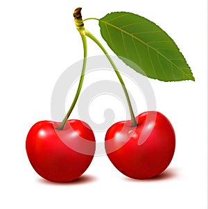 Two red cherry berries with leaf.
