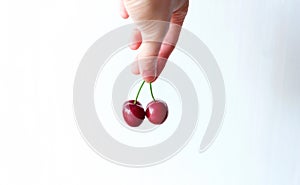 Two red cherry in hand on white background