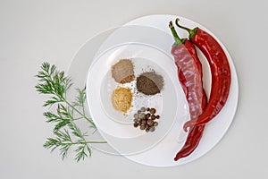 Two red chili peppers and ground pepper on white plate.