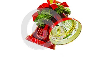 Two red christmas bells for new year with spruce branch. garland for home decoration isolated on white