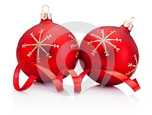 Two red Christmas decoration baubles and curling paper Isolated on white background