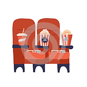 Two red cinema seats with popcorn drinks and glasses. Vector flat hand drawn illustration