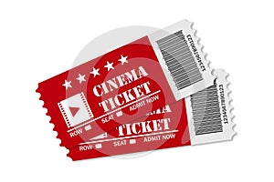 Two red cinema tickets on white background isolated or movie time realistic style