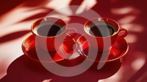Two Red Coffee Cups on a Red Surface