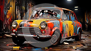 Two red and colorful car body in the style of satirical expressionism photo