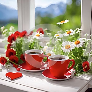 Two red cups of coffee and wild summer flowers