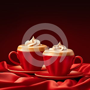 Two red cups with creamy coffee on a silk background