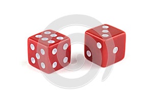 Two red dice, close-up isolated on white background. Six and three