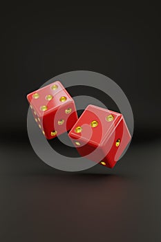 Two red dice with gold dots floating on black background. 3d illustration