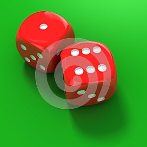 Two red dice on the green