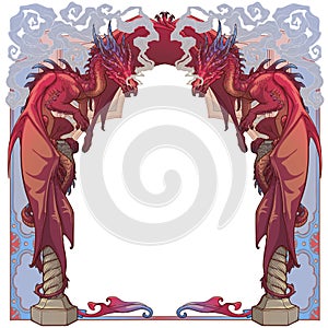 Two red dragons sitting on a Gothic arch and breathing out smoke