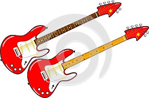 Two red electric guitars with maple and rosewood neck