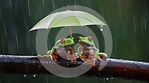 Two red eye green frogs sitting in tree branch with umbrella